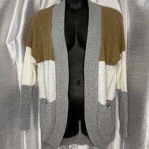 Merokeety Cardigan Women’s XL Tan Ivory Gray Colorblock Waffleknit Pockets Long